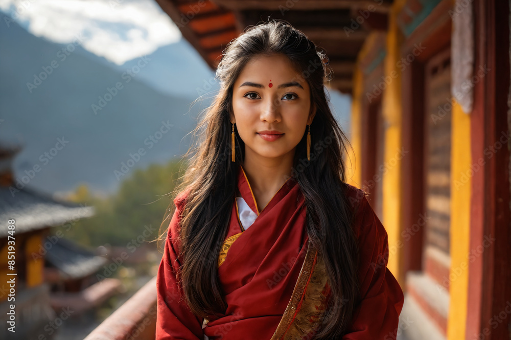 Young woman in traditional bhutanese dress standing in front of a monastery Young woman in traditional bhutanese dress standing in front of a monastery