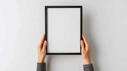 Black photo frame mockup held by woman s hands on white background for frames and posters design Size A4 with copy space