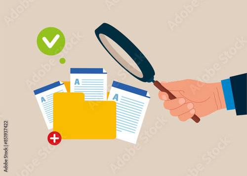Hand businessman from holds magnifying glass and add files to big folder. User and data archive. Modern vector illustration in flat style. 