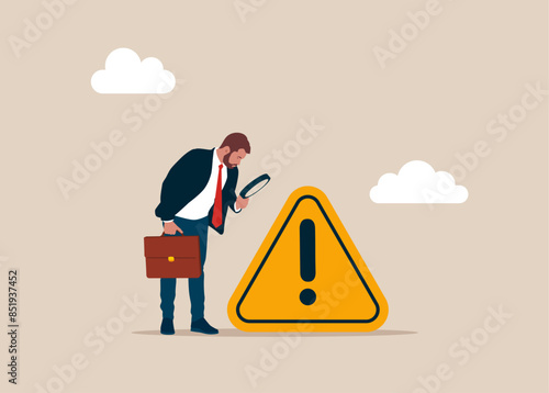 Solving problem. Investigate incident with exclamation attention sign. Modern vector illustration in flat style. 