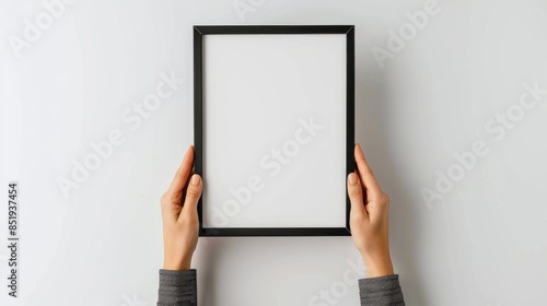 Black photo frame mockup held by woman s hands on white background for frames and posters design Size A4 with copy space photo