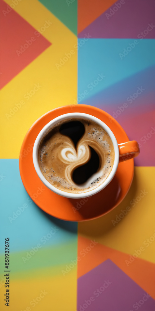 A cup of coffee on a multicolored surface A cup of coffee on a multicolored surface