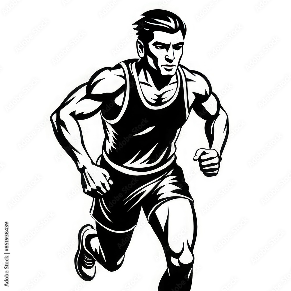 Fototapeta premium sprinter in action, captured midway with a determined expression on his face. Dynamic pose and muscle definition highlight themes of athleticism, speed and endurance
