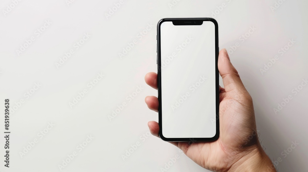 Smartphone with empty screen held in hand against white backdrop Smartphone with empty screen held in hand against white backdrop