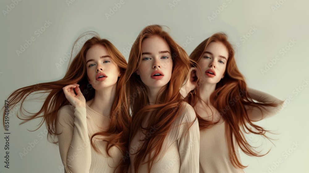 Multiple exposure of a redhead woman with long hair and beige top.