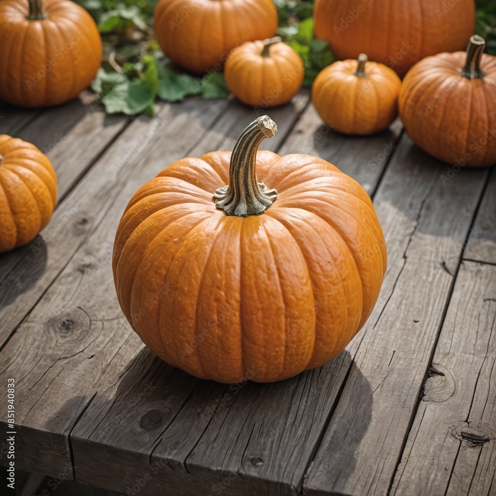Autumn Harvest Vibrant Pumpkin on Wooden Table in Natural Setting Autumn Harvest Vibrant Pumpkin on Wooden Table in Natural Setting