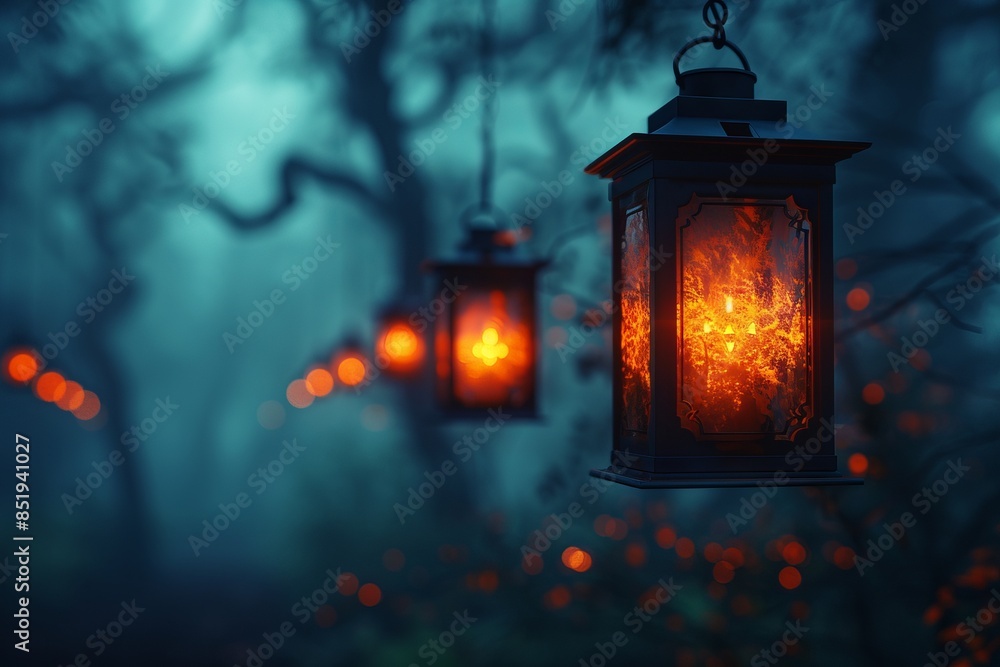 3D Spooky lanterns background with horror place 3D Spooky lanterns background with horror place