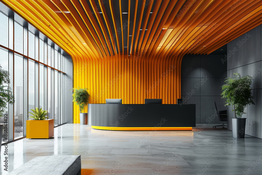 3D rendering of yellow and black vertical wood slats wall in a modern ...