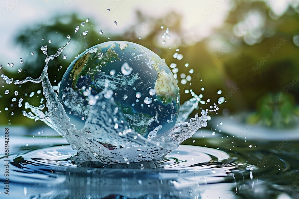 Planet Earth splashing into water, creating ripples and droplets. Environmental conservation and sustainability concept. Design for posters, banners, and educational materials. Planet Earth splashing into water, creating ripples and droplets. Environmental conservation and sustainability concept. Design for posters, banners, and educational materials.