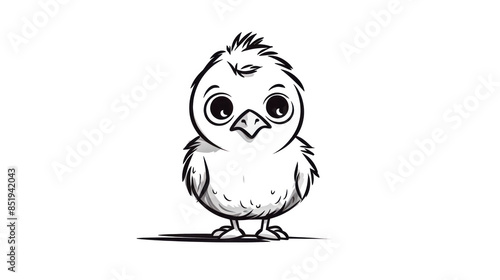 A cute little bird with big eyes stands on a white background.