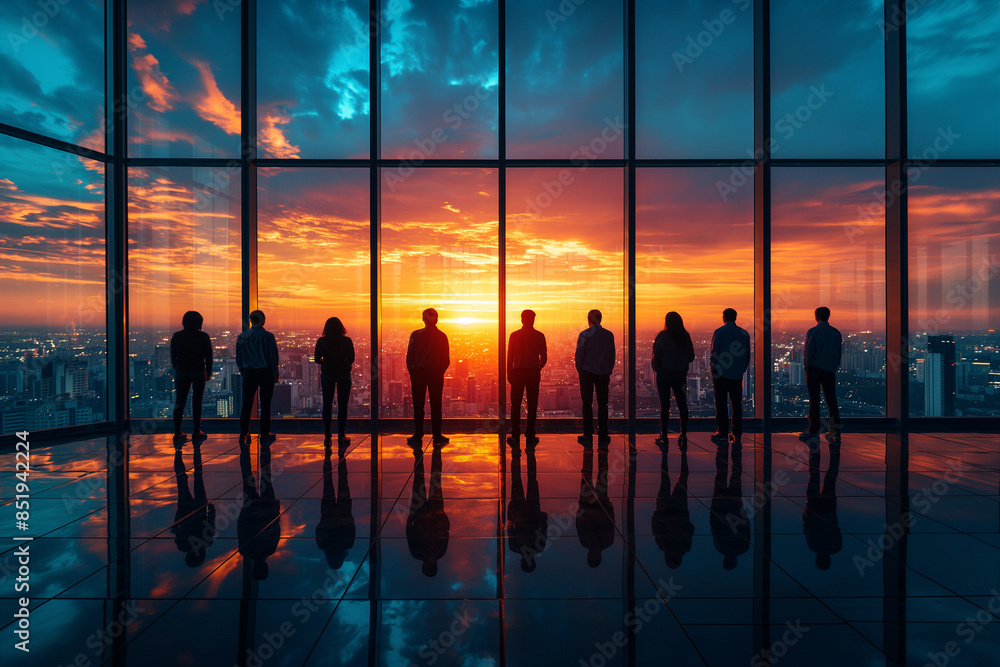 Silhouettes of a Business Team with a Skyscrapers View at Sunset, Business Collaboration Corporate Colleagues Partner Concept. Silhouettes of a Business Team with a Skyscrapers View at Sunset, Business Collaboration Corporate Colleagues Partner Concept.
