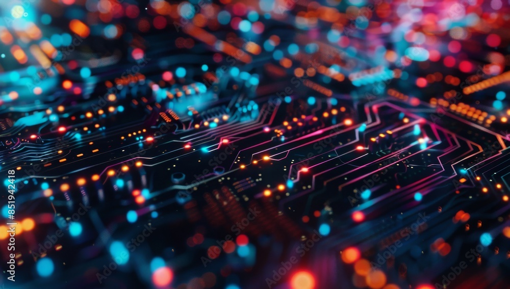 Closeup of an intricate circuit board with glowing lights, representing the complex inner proportions and patterns in technology. The vibrant colors symbolize energy and data flow through connections Closeup of an intricate circuit board with glowing lights, representing the complex inner proportions and patterns in technology. The vibrant colors symbolize energy and data flow through connections