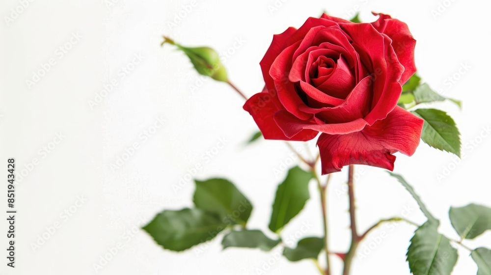 A stunning red rose stands out against a pure white background A stunning red rose stands out against a pure white background
