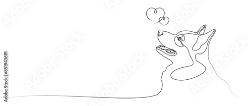 Linear drawing of corgi, dog and hearts. Dog is human best friend. Cute dog face, side view. Pet tattoo