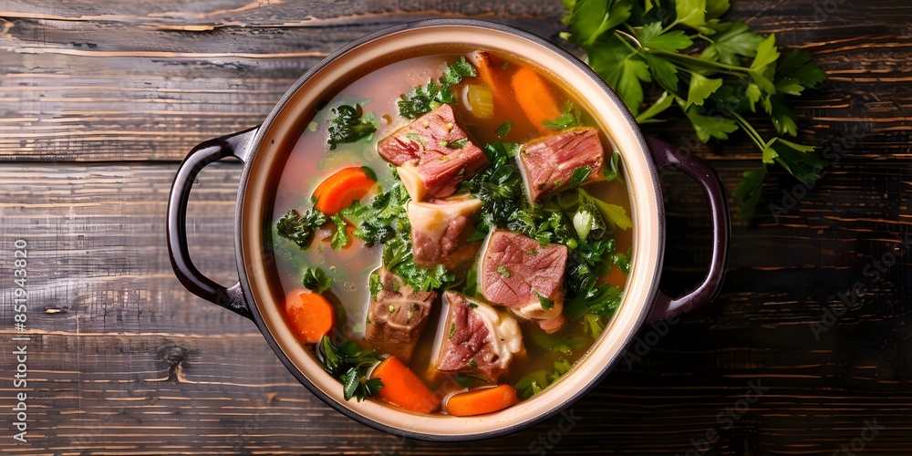 Simmering Pot of Classic Beef Broth with Vegetables and Bones. Concept Beef Broth Recipe, Cooking with Vegetables, Broth Simmering, Bone Broth Benefits, Comforting Soup Simmering Pot of Classic Beef Broth with Vegetables and Bones. Concept Beef Broth Recipe, Cooking with Vegetables, Broth Simmering, Bone Broth Benefits, Comforting Soup