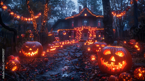  A Halloween candy display in a haunted house yard with glowing jack-o'-lanterns.