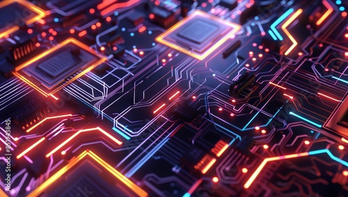 Closeup of an intricate circuit board with glowing lights, representing the complex inner proportions and patterns in technology. The vibrant colors symbolize energy and data flow through connections © MD Media