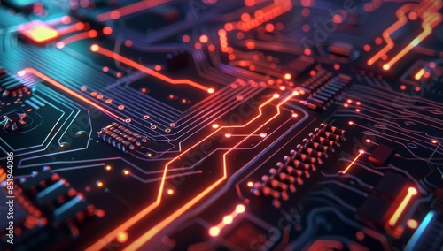 Wallpaper Mural Closeup of an intricate circuit board with glowing lights, representing the complex inner proportions and patterns in technology. The vibrant colors symbolize energy and data flow through connections Torontodigital.ca