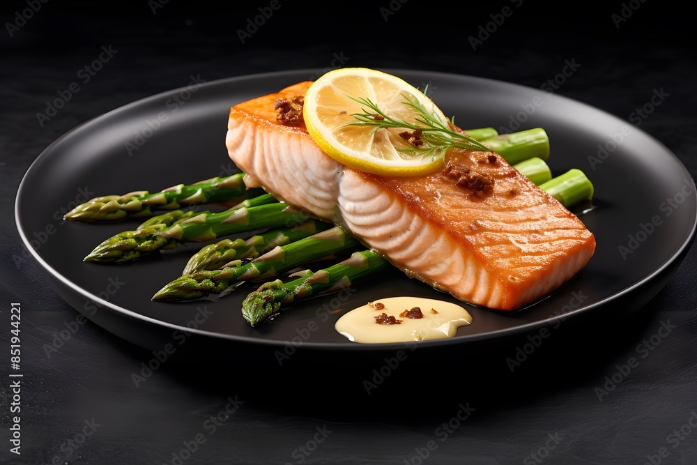Delicious pan-fried salmon fillet presented with lime and asparagus on a well-organized platter.
Delicious pan-fried salmon fillet presented with lime and asparagus on a well-organized platter.