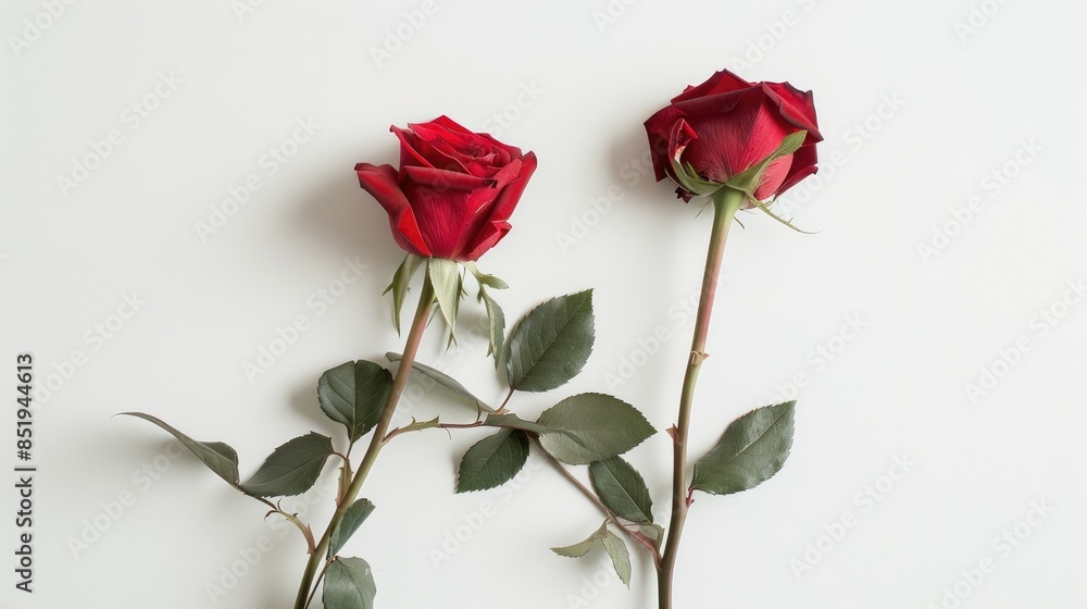 Capture the exquisite beauty of two red roses with a side view perfectly isolated on a white background along with their stems and leaves These stunning natural elements are ideal for addin Capture the exquisite beauty of two red roses with a side view perfectly isolated on a white background along with their stems and leaves These stunning natural elements are ideal for addin