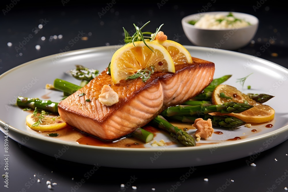 Delicious pan-fried salmon fillet presented with lime and asparagus on a well-organized platter.
Delicious pan-fried salmon fillet presented with lime and asparagus on a well-organized platter.