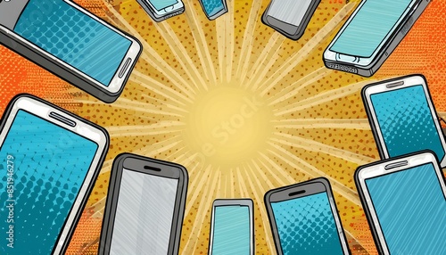 Pop culture- comic inspired illustrated background with mobile phones with copy space