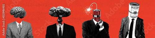 Surreal collage of businessmen with a brain, nuclear explosion, dynamite, and money roll as heads. Concept of intelligence, stress, danger, greed, and corporate mindset.