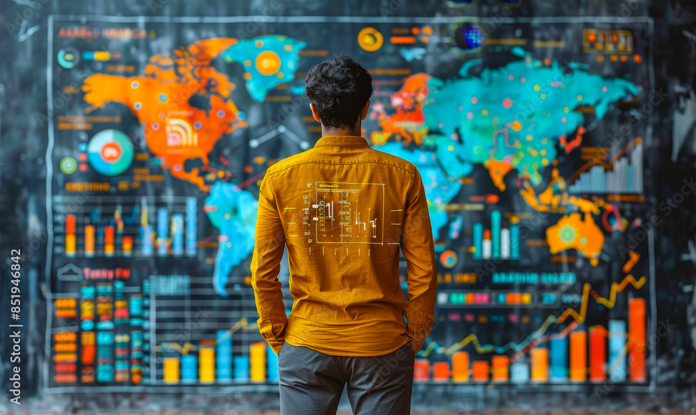 Business analyst reviewing global sales analytics, digital marketing data visualizations - financial growth charts with economic trends for strategic planning Business analyst reviewing global sales analytics, digital marketing data visualizations - financial growth charts with economic trends for strategic planning