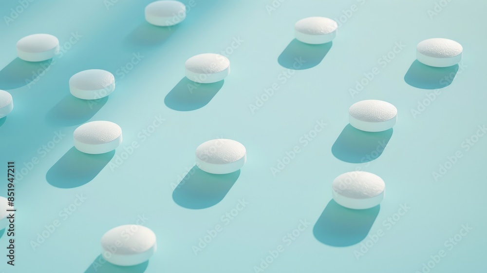 Studio image of medicine tablet on light blue backdrop Studio image of medicine tablet on light blue backdrop