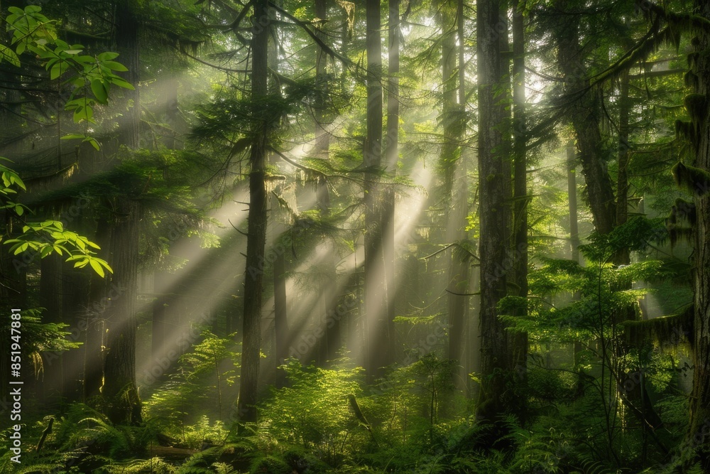 Obraz premium Shine Through a Lush British Columbia Forest: Morning Sunlight Peeking Through the Trees
