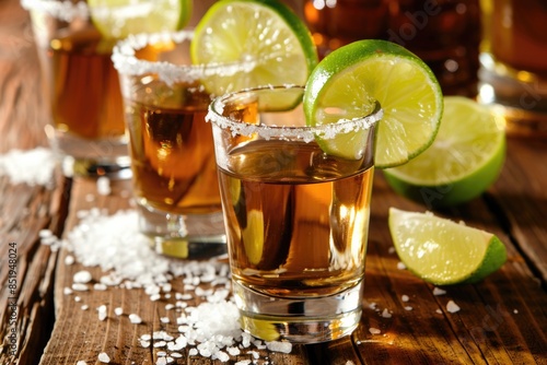 Shots of Tequila: Mexican Liqueur in Glasses with Lime and Salt