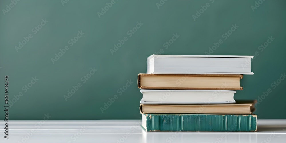 Educational Resources School Textbooks on White Desk with Green Chalkboard in Background. Concept Education, School Supplies, Classroom Setup, Learning Environment, Academic Materials Educational Resources School Textbooks on White Desk with Green Chalkboard in Background. Concept Education, School Supplies, Classroom Setup, Learning Environment, Academic Materials