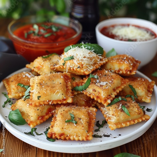 Crispy fried ravioli served hot on a white ceramic plate with a side of marinara sauce