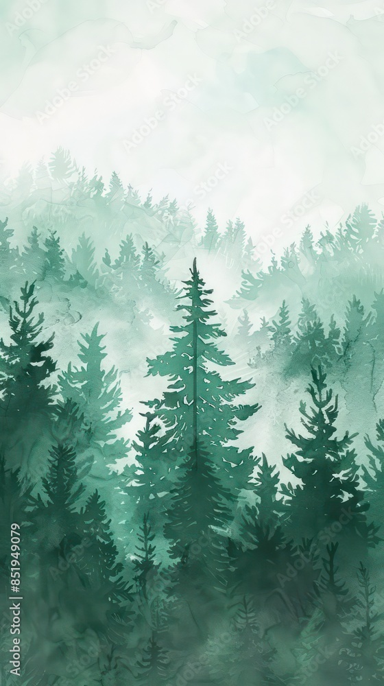 Fototapeta premium Watercolor Forest tree illustration. Mountain landscape. Woodland pine trees. Green Forest