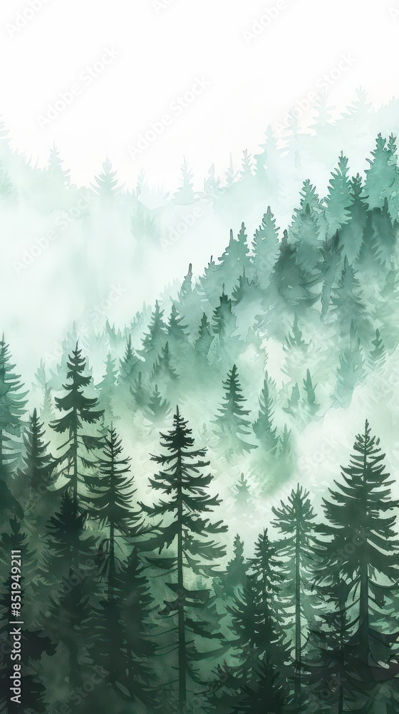 Fototapeta premium Watercolor Forest tree illustration. Mountain landscape. Woodland pine trees. Green Forest