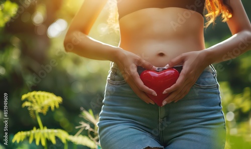 Woman hand's with heart over stomach concept for exercise, diet, fitness, gut health and self love for wellness and training in the summer for healthy workout outside