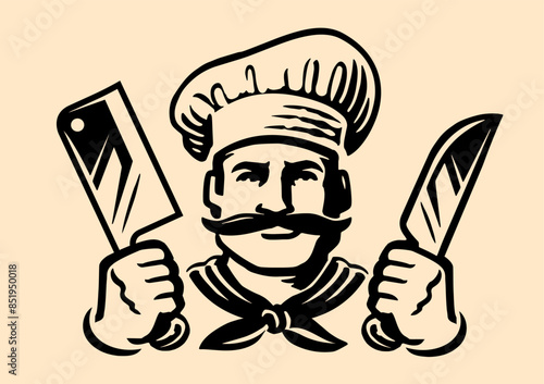Butcher shop emblem. Chef with knives. Male cook in hat logo vector illustration