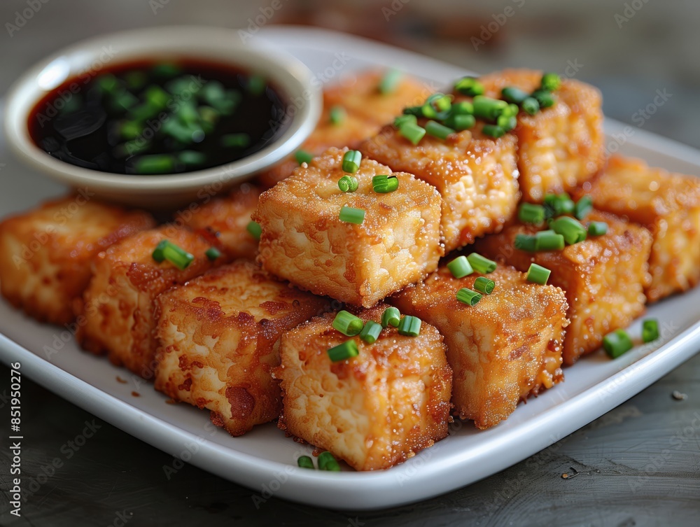 Crispy fried tofu served hot on a white ceramic plate with a side of soy dipping sauce Crispy fried tofu served hot on a white ceramic plate with a side of soy dipping sauce