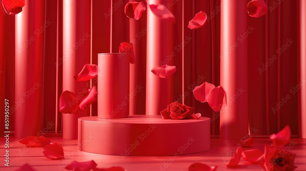 Elevate your display game with a striking red product podium set against a sleek backdrop adorned with delicate rose petals gently cascading This luxurious presentation is tailor made for s Elevate your display game with a striking red product podium set against a sleek backdrop adorned with delicate rose petals gently cascading This luxurious presentation is tailor made for s