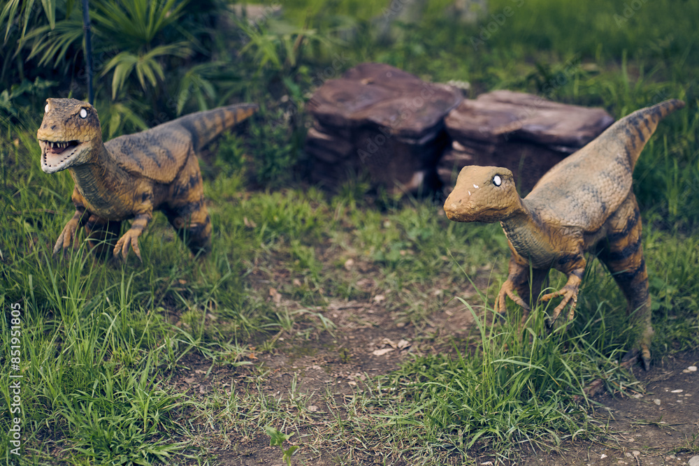 Obraz premium Two Velociraptors stand against a background of rocks and grass. This dinosaur lived at the end of the Cretaceous period. With space to copy. High quality photo
