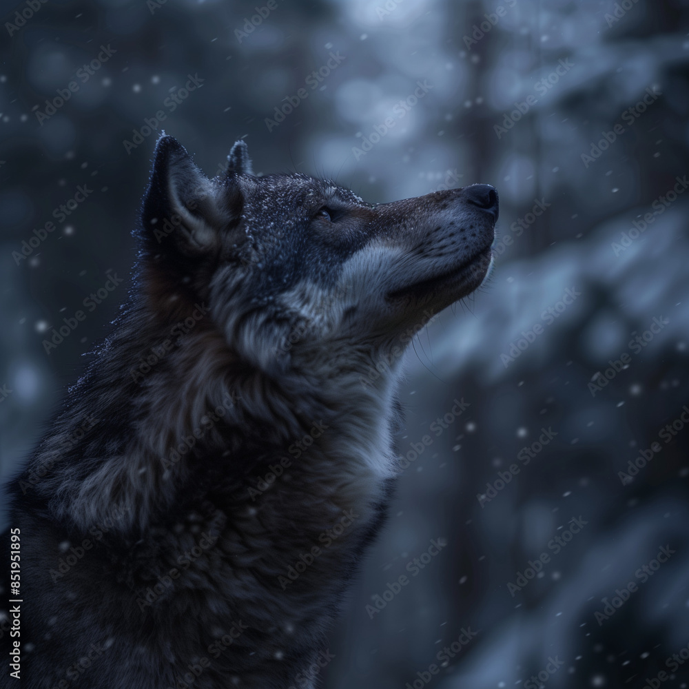 Wolf, thick fur, alert ears, fierce eyes, photorealistic style , National Geographic, moonlit night, snowy forest environment Wolf, thick fur, alert ears, fierce eyes, photorealistic style , National Geographic, moonlit night, snowy forest environment