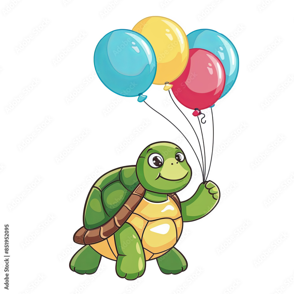 Obraz premium Cute turtle holding birthday balloons, isolated transparent background