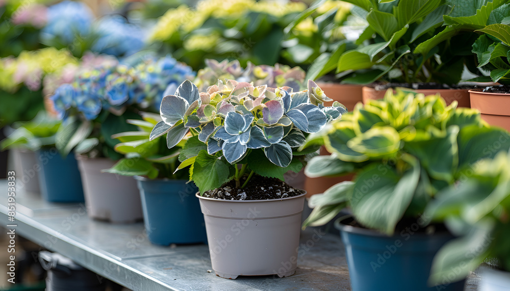 Obraz premium Pots with planted colorful hydrangea with variegated foliage on showcase of garden center