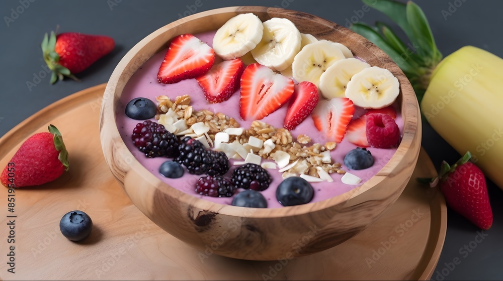 Colorful Acai Smoothie Bowl with Fresh Berries, Banana, and Coconut Toppings. Colorful Acai Smoothie Bowl with Fresh Berries, Banana, and Coconut Toppings.