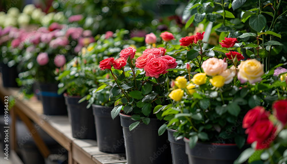 Pots with planted colorful roses with variegated foliage on showcase of garden center Pots with planted colorful roses with variegated foliage on showcase of garden center