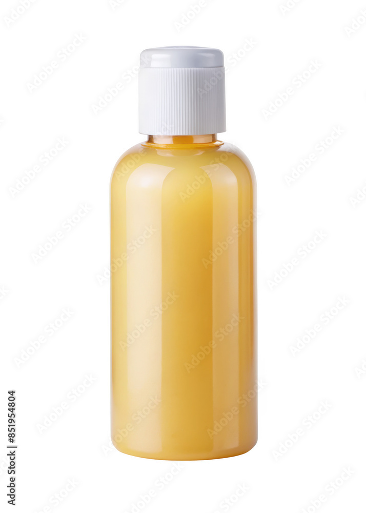 Yellow Bottle With White Cap Isolated Against A White Background. The Bottle Is Used For Storing Liquids. Isolated on transparent background, png. Yellow Bottle With White Cap Isolated Against A White Background. The Bottle Is Used For Storing Liquids. Isolated on transparent background, png.