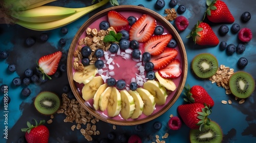 Colorful Acai Smoothie Bowl with Fresh Berries, Banana, and Coconut Toppings.