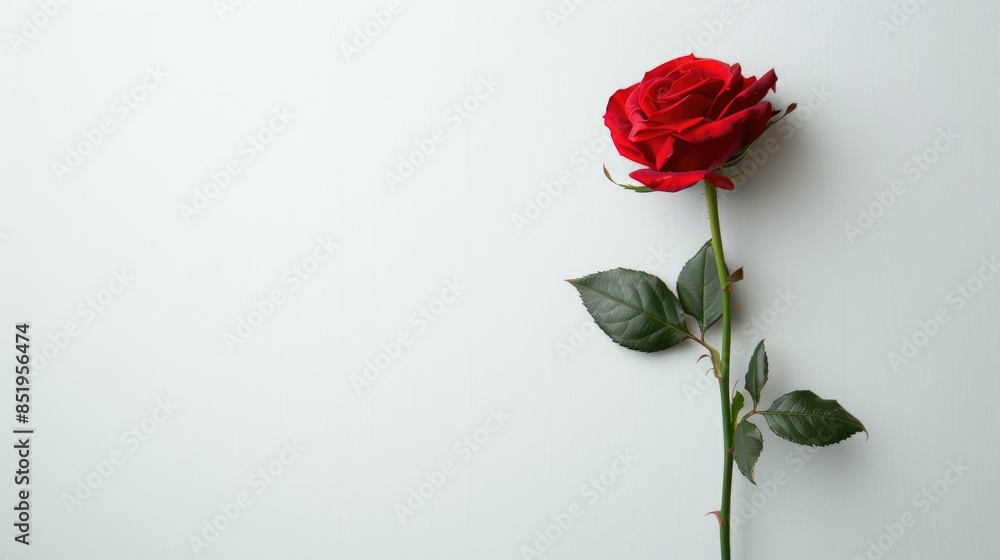 A single striking long stemmed red rose stands out elegantly against a pristine white backdrop A single striking long stemmed red rose stands out elegantly against a pristine white backdrop