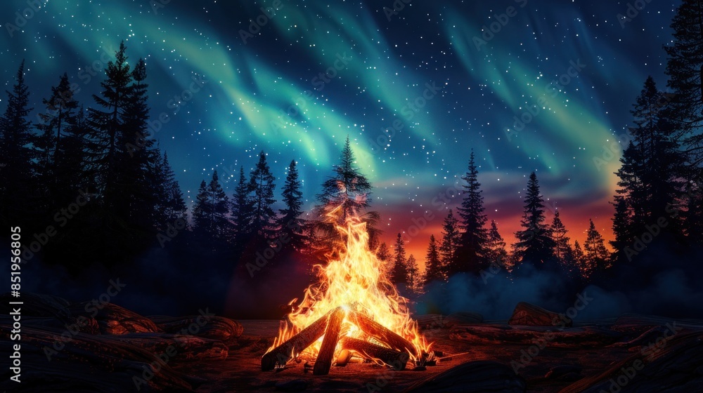 Beautiful bonfire with burning firewood, a campfire with forest trees silhouetted in the background, and the stars and Northern Lights (Aurora Borealis) lighting up the night sky. Beautiful bonfire with burning firewood, a campfire with forest trees silhouetted in the background, and the stars and Northern Lights (Aurora Borealis) lighting up the night sky.