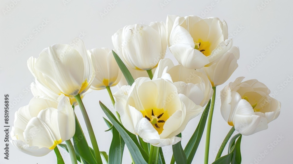 Vivid white and yellow tulips with green stems against a white backdrop Close up perspective Vivid white and yellow tulips with green stems against a white backdrop Close up perspective